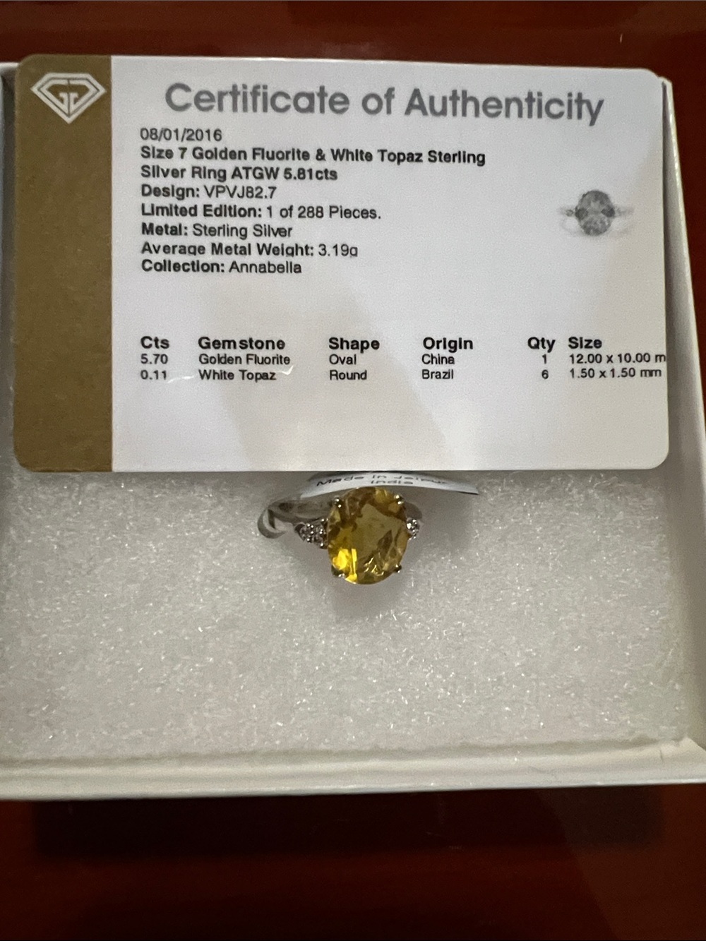 Sterling Silver Golden Fluorite & White Topaz Ring - Yellow Stone
